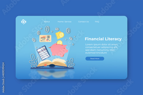 Modern flat design vector illustration. Financial Literacy Landing Page and Web Banner Template. Financial Education, Accounting, e business school, Saving Money, Webinar.