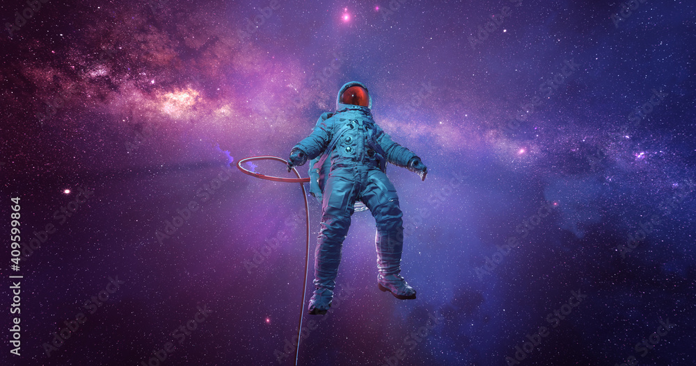 Astronaut floating in weightless space with star fields and milky way on background, 3d render