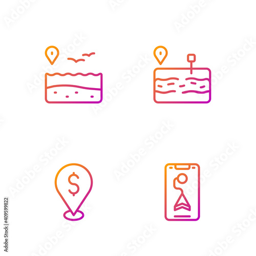 Set line City map navigation, Cash location, Location with beach and Broken road. Gradient color icons. Vector.