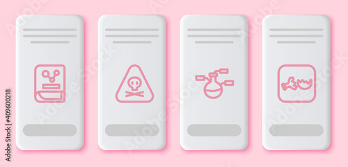 Set line Chemistry book, Triangle warning toxic, Test tube and flask and Broken. White rectangle button. Vector.