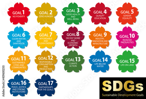 SDGsの17の目標CMYK指定色スウォッチ付桜のアイコンセット(英語）