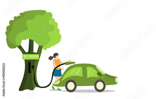 Replenish clean energy concept, Working women clutching after filling up with electric energy From the tree station Clean energy helps reduce global warming Future energy, flat design EV station idea