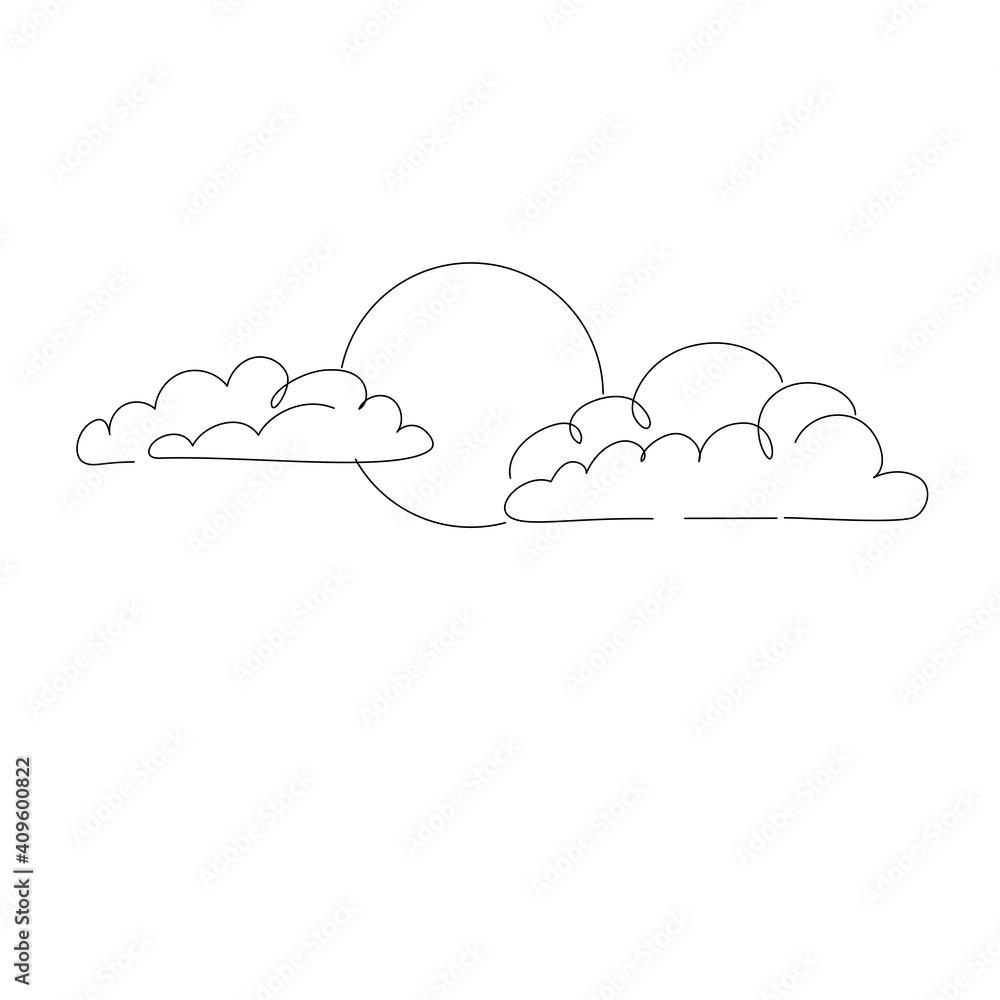 Curving sky line art drawing style. Minimalist black linear sketch clouds. Vector illustration Curving sky line art drawing style. Minimalist black linear sketch clouds. Vector illustration