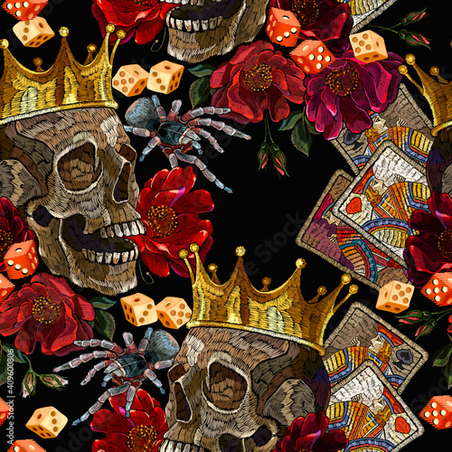 Embroidery human skull, golden crown, playing cards, spider and red roses flowers. Seamless pattern. Medieval kings, fairy tale. Fashion clothes template and t-shirt design. Dark gothic halloween art