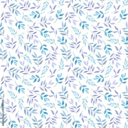 Delicate seamless pattern with watercolor blue twigs on a white background. A simple  cute print with blue and lilac leaves is perfect for fabrics  scrapbooking and postcards. 