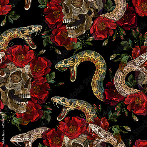 Embroidery human skull, snake and red roses flowers. Seamless pattern. Medieval kings, fairy tale. Fashion clothes template and t-shirt design. Dark gothic halloween art
