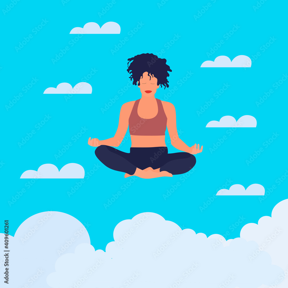 Woman meditates and soar in cloudy sky