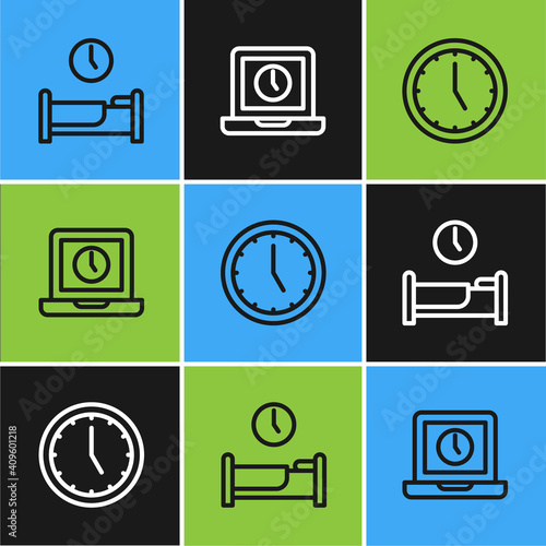 Set line Time to sleep, Clock and Laptop time icon. Vector.