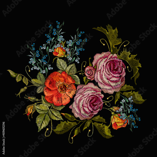 Embroidery red roses and pink peonies. Classical embroidery. Fashionable template for design of clothes, t-shirt design, tapestry flowers renaissance style