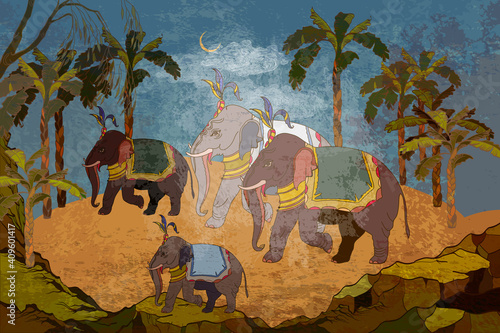 Gods of India. Mythology, tradition and history. Religion. Hinduism. Sacred elephants in the jungle. Ancient frescoes. Traditional indian mural paintings style. Old Asian culture