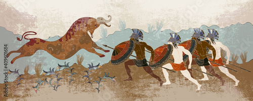 Minoan civilization. Ancient Greece banner. Hunting for a Minotaur. Classical medieval style. Vector illustration