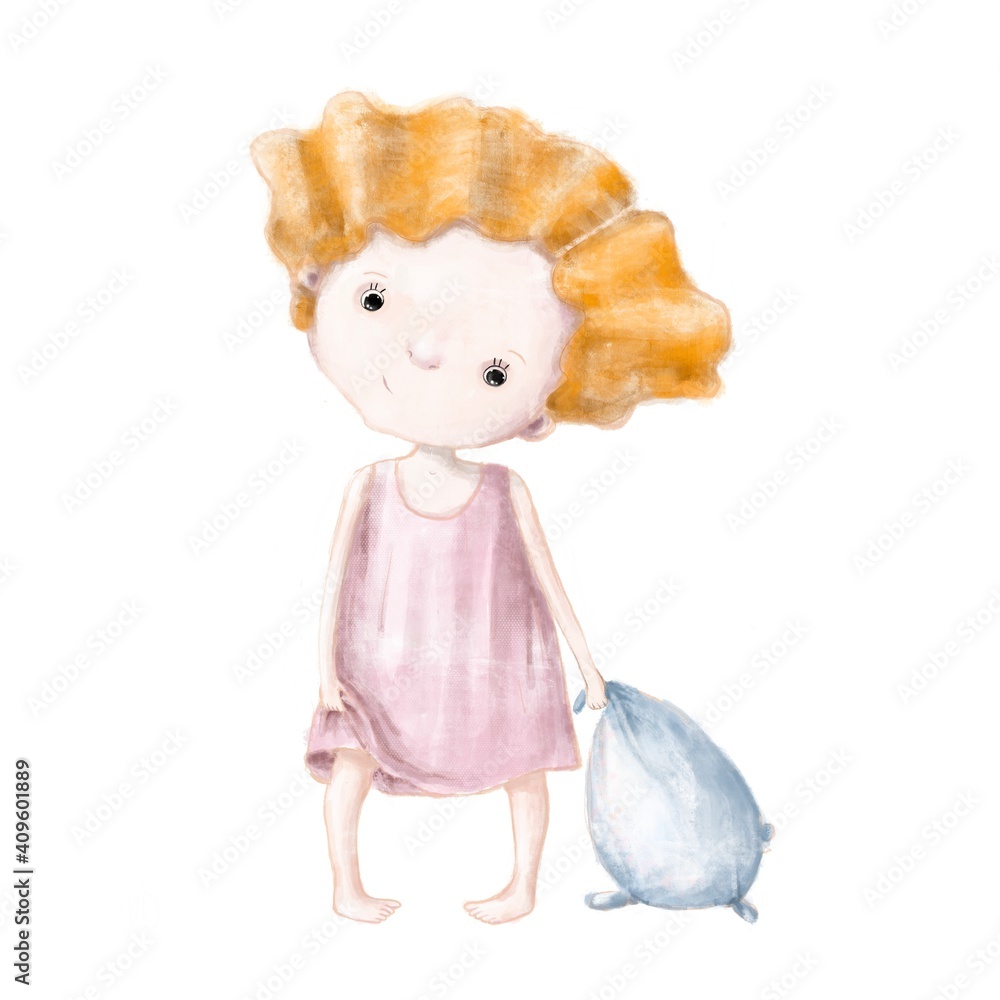 cute little girl with a pillow, hand drawn watercolor and pencils illustration, t-shirt design