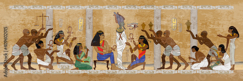 Ancient Egypt. Mummification process. Hieroglyphic carvings. History wall painting, tomb King Tutankhamun. Concept of a next world. Pharaoh sarcophagus. Egyptian gods, mythology