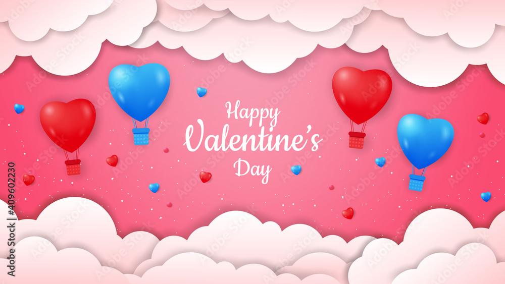 valentines day background with colorful hot air balloon with love shape