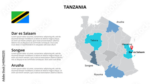 Tanzania vector map infographic template divided by states, regions or provinces. Slide presentation