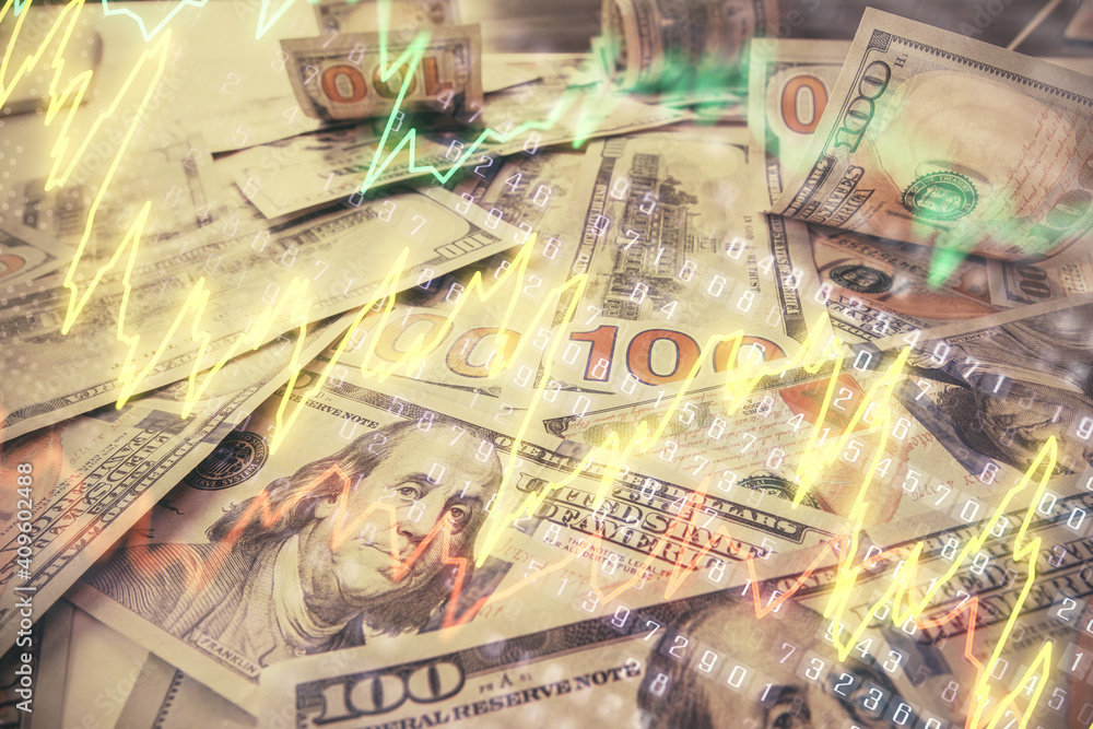 Multi exposure of forex chart drawing over us dollars bill background. Concept of financial success markets. Multi exposure of forex chart drawing over us dollars bill background. Concept of financial success markets.