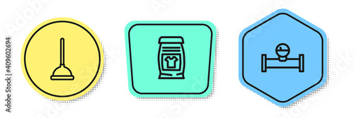 Set line Rubber plunger, Laundry detergent and Industry pipe and manometer. Colored shapes. Vector.