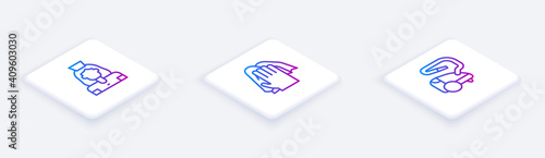 Set Isometric line Cleaning lady service, and Vacuum cleaner. White square button. Vector.