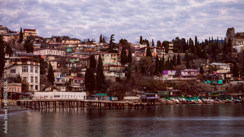 smal town near the sea shore at evening