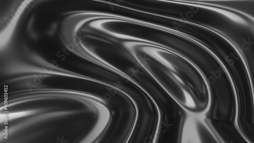 3d abstract waving background. Black liquid substance or oil reflection surface, wavy ripples. Fluid moving glossy pattern. 3d render illustration.