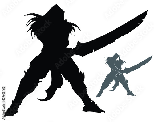 A black silhouette of a hooded warrior, with a huge, jagged sword at the ready. 2d illustration