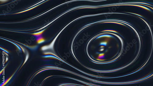 3d wavy fluorescent surface. Abstract waving background with thin film effect. Liquid multicolor pattern, iridescent glossy ripples. 3d render illustration.