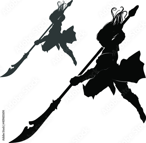 A black silhouette of a nimble girl hovering in an epic jump with a naginata in her hands. 2d illustration
