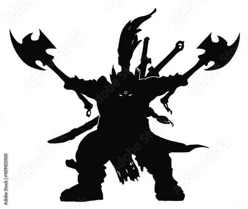 The black silhouette of a dwarf warrior brandishing two axes to the sides, two swords sheathed behind him, his eyes glowing in the dark. 2d illustration