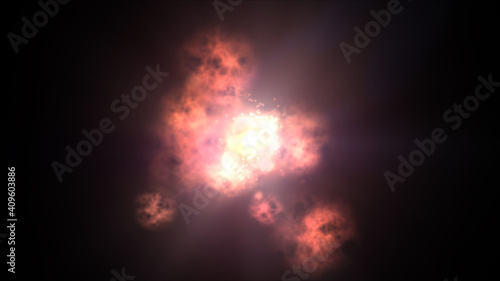 Isolated black background. Abstract festive, salute, fireworks, explosions, fire and smoke in endless space. 3D illustration.