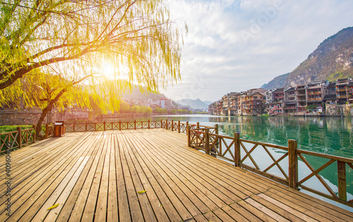 Gardens under the sunset in Yuangu Town, Qiandongnan Town, Guizhou, China photo