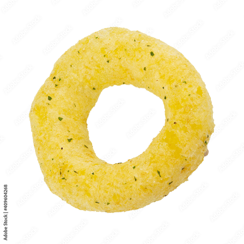 Beer snacks. Corn rings sticks with cheese and green onion flavor isolated white background. Junk food.