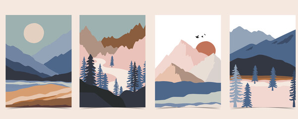 Canvas schilderij Wit Collection of nature landscape background set with mountain,sea,sun,moon.Editable vector illustration for website, invitation,postcard and poster  © piixypeach