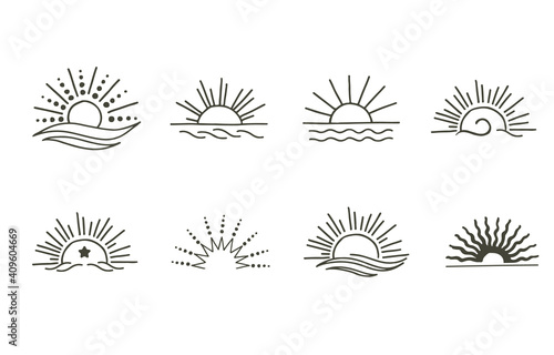 Collection of line design with sun,sea,wave.Editable vector illustration for website, sticker, tattoo,icon
