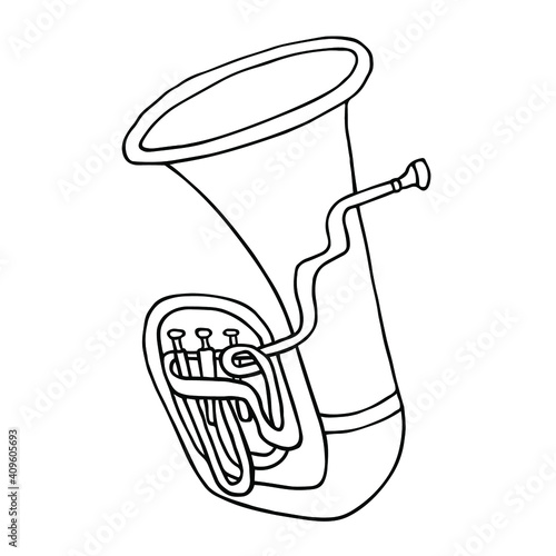 Tuba vector sketch. Hand drawn black and white tuba with mouthpiece clip art illustration