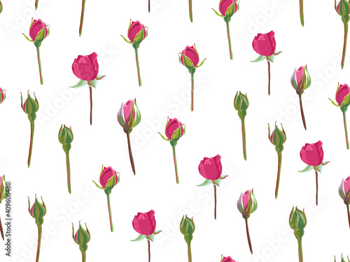 Roses buds and stems, floral seamless pattern