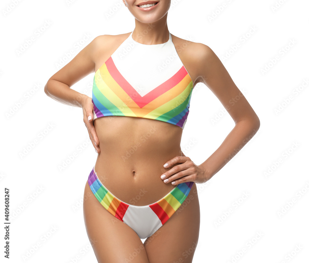 Sexy young woman in stylish swimsuit isolated on white, closeup. Beach body goal Sexy young woman in stylish swimsuit isolated on white, closeup. Beach body goal