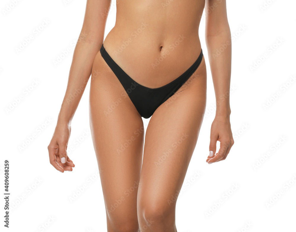 Sexy young woman in stylish swimsuit isolated on white, closeup. Beach body goal Sexy young woman in stylish swimsuit isolated on white, closeup. Beach body goal