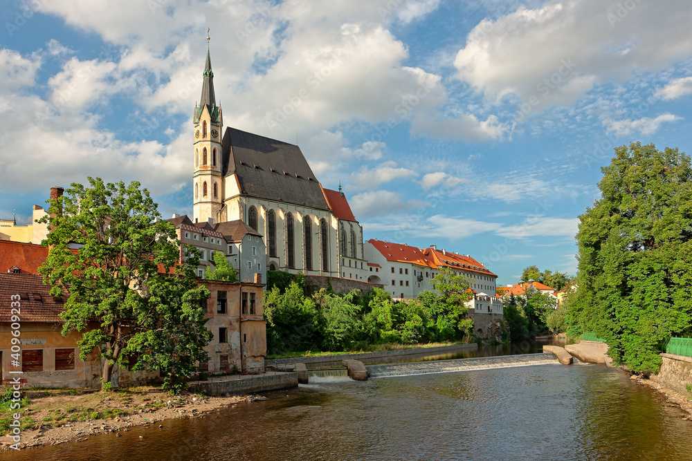 St. Vitus Church in Cesky Krumlov, Czech Republic. Vltava river. UNESCO World Heritage Site.