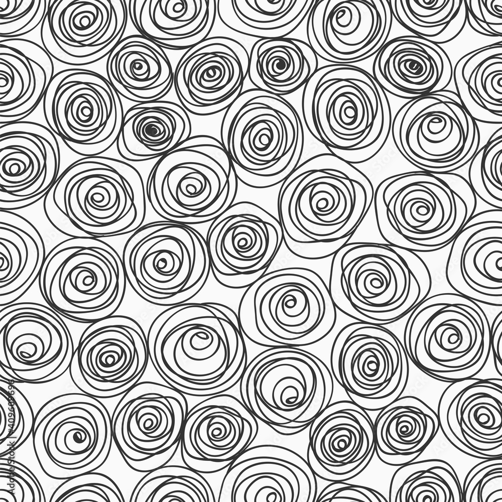 Fototapeta premium black roses lines kiddy hand drawing childish linear abstract circle on white seamless pattern for background, wallpaper, texture, banner, label vector design