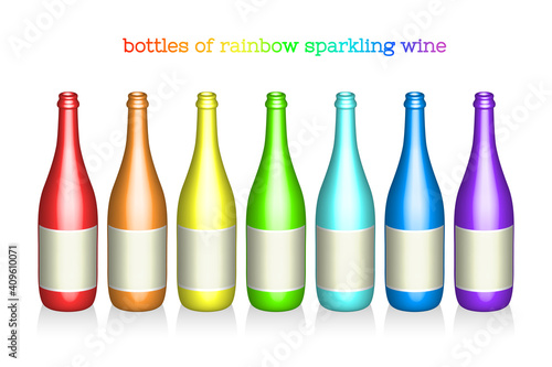 3D set of open bottles of rainbow sparkling wine with clean labels. White background and shadows. EPS10