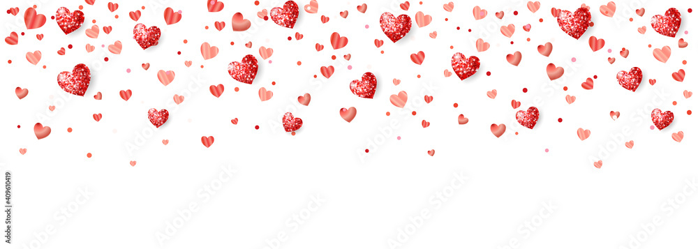 Valentine's day background with red glitter hearts. Falling confetti frame, border. Holiday decoration isolated on white. For wedding and mother's day banners, party posters. Vector.
