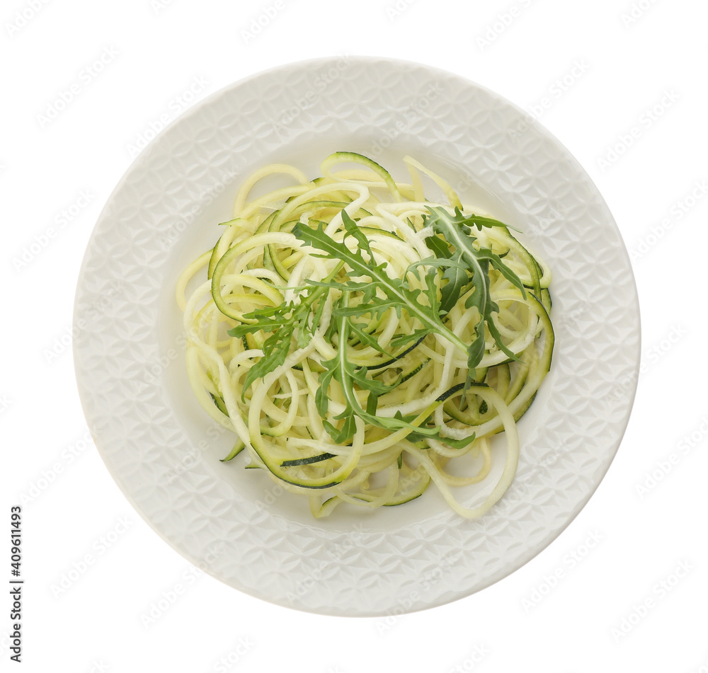 Tasty zucchini pasta with arugula isolated on white, top view Tasty zucchini pasta with arugula isolated on white, top view
