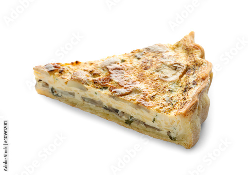 Delicious pie with mushrooms and cheese isolated on white