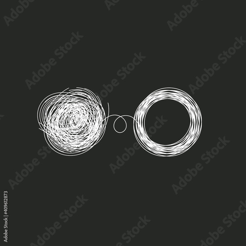 Problem solving concept. Tangled and unraveled tangle
