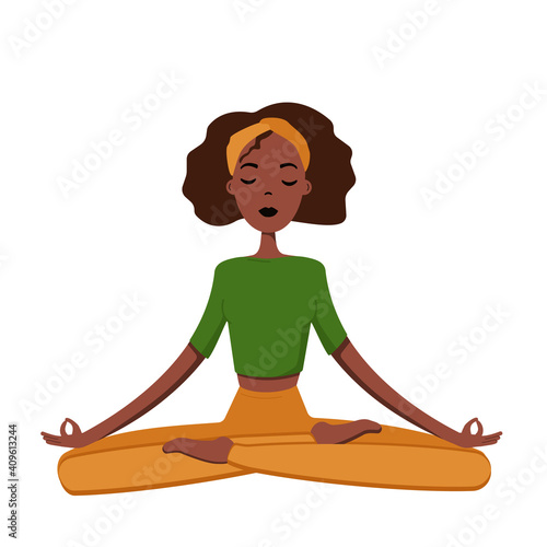 Woman meditating in the Lotus position and saying Om. Girl with practising the guided meditation. Modern flat illustration on yoga topic.Vector illustration. Yoga girl in levitation