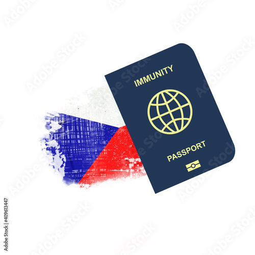Immune Passport  against the background of the flag of Czech Republic. For entering the country  people vaccinated or recovered from COVID-19.
