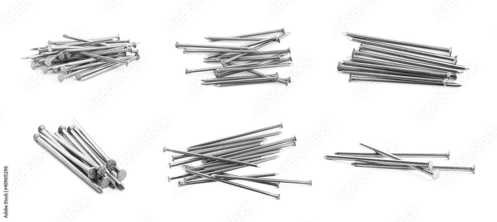 Set with sharp metal nails on white background, banner design Set with sharp metal nails on white background, banner design