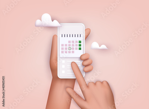 Hand holding mobile smart phone with calendar plan. Vector modern flat creative info graphics design on application. 3D Vector Illustrations.