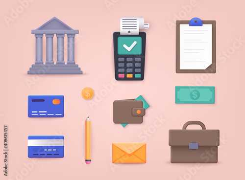 Money, finance, payments. Collection of business workflow items and elements, finance and marketing objects. 3D Vector Illustrations.