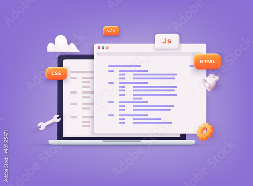 Website programming and coding. Web development and coding. 3D Vector Illustrations.